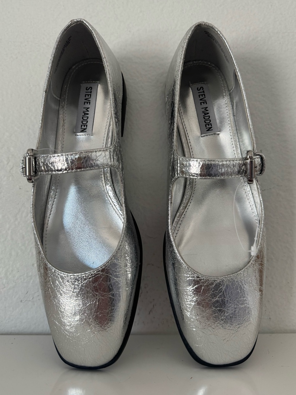NWOT Steve Madden Solanna Silver Mary Jane Ballet Flats Size 9.5 Square Toe